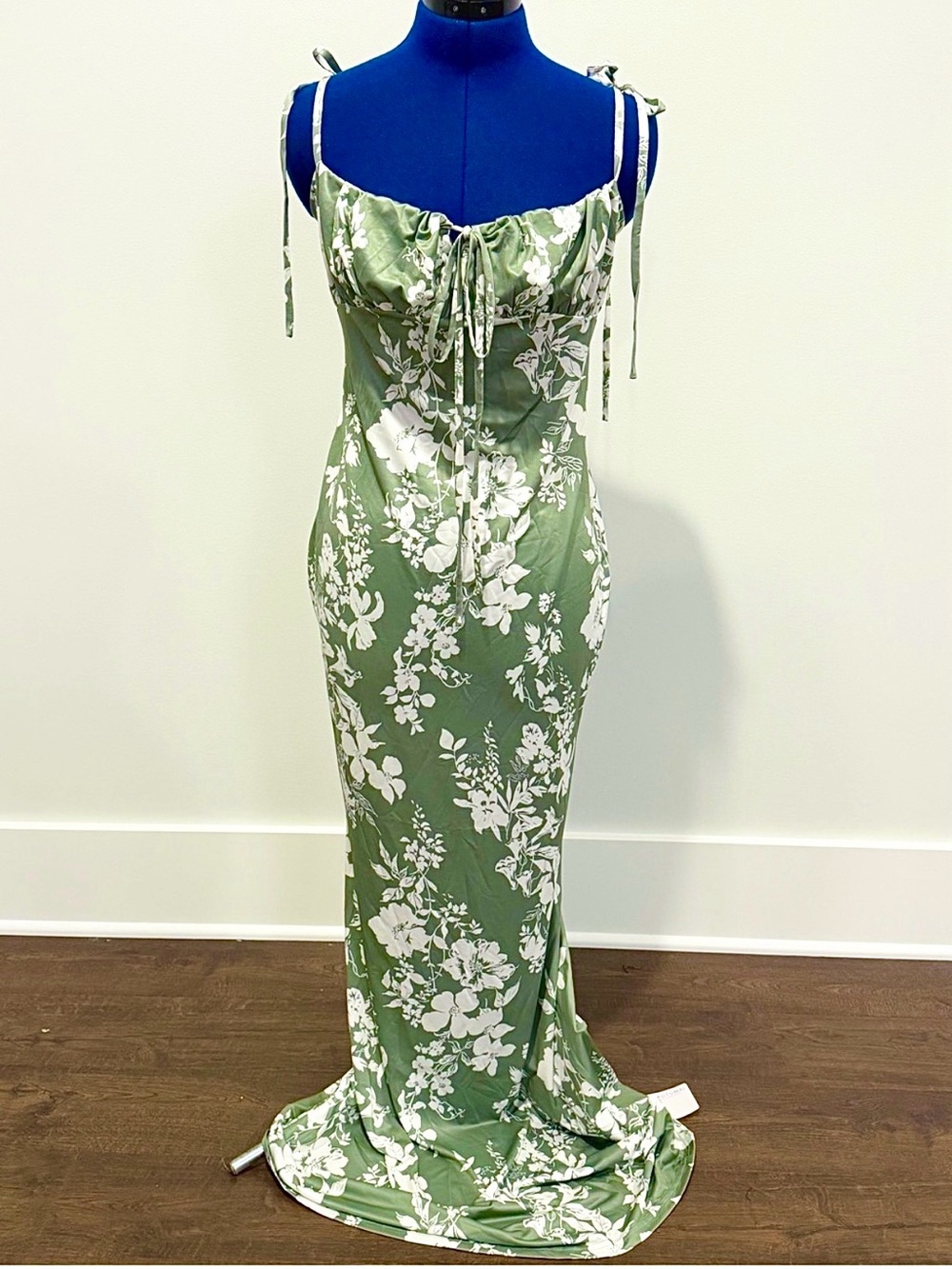 Women’s Olive Green Stretch Floral Tie-Shoulder Maxi Dress
